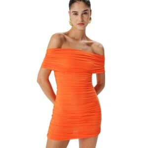 Ronny Kobo $458 VAUGHN DRESS in Orange Off the Shoulders Ruched Size L